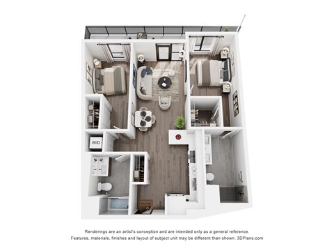 Floor plan for 2 beds, 2 baths, 1027 sqft